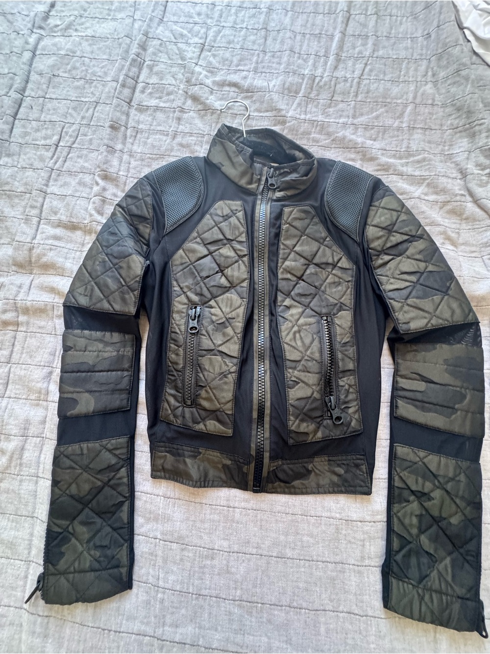 blanc noir Quilted Camouflage Zip-Front Military Jacket - Olive